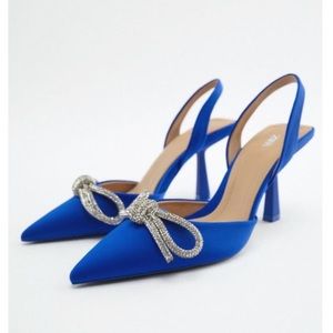 Zara• Embellished Blue indigo bow sling back heels NWT